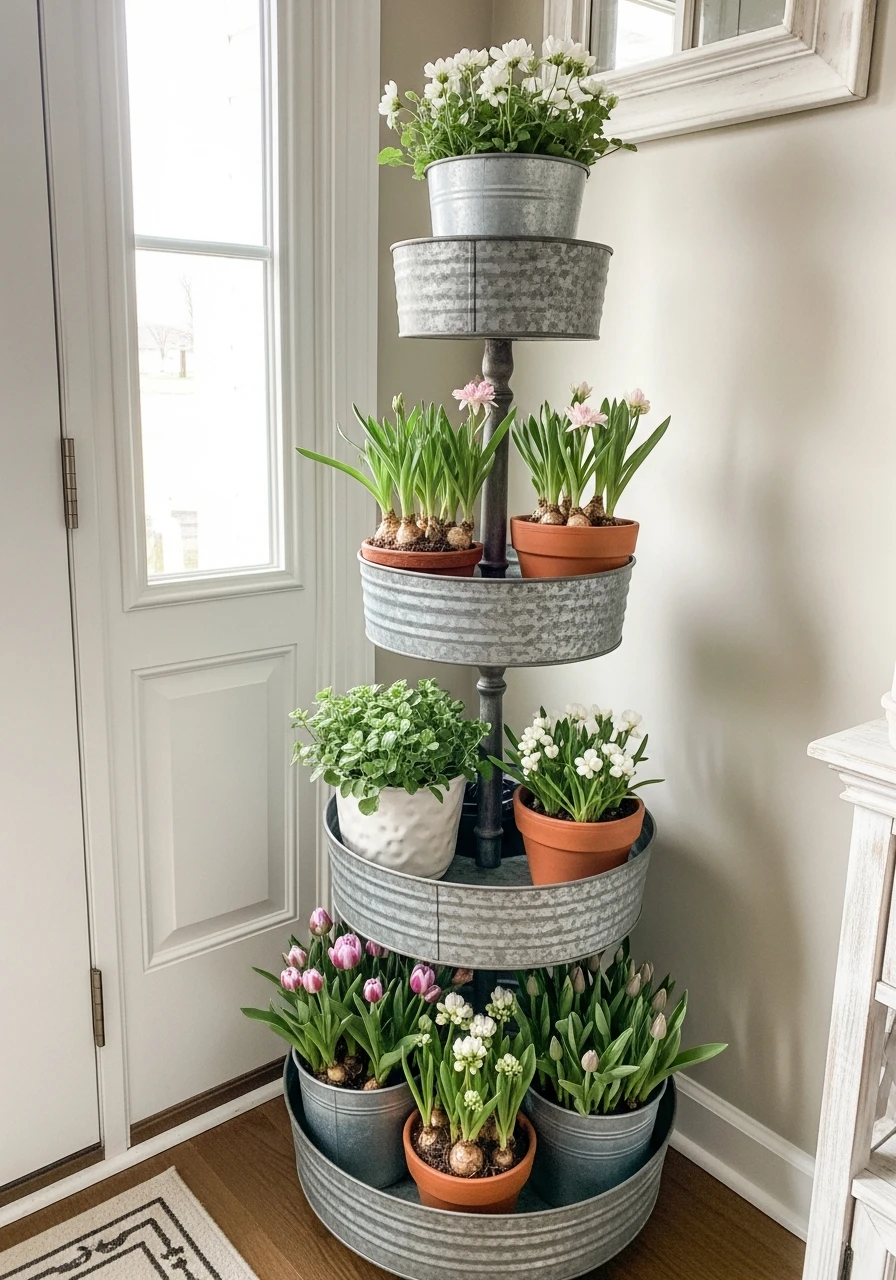 Tiered Plant Display - 50 Spring Front Door Decor Ideas