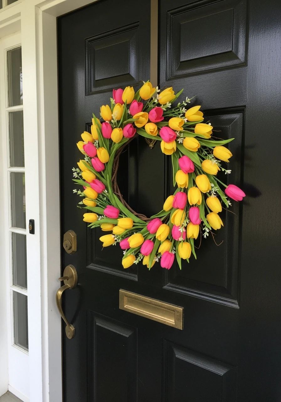 Cheerful Tulip Wreath - 50 Spring Front Door Decor Ideas
