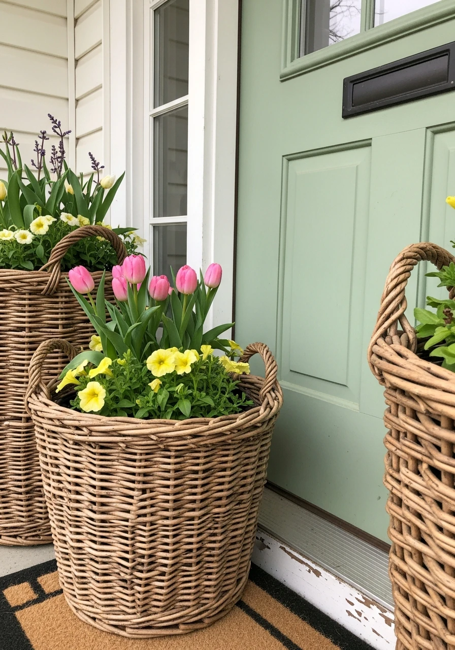 Wicker Basket Planters - 50 Spring Front Door Decor Ideas