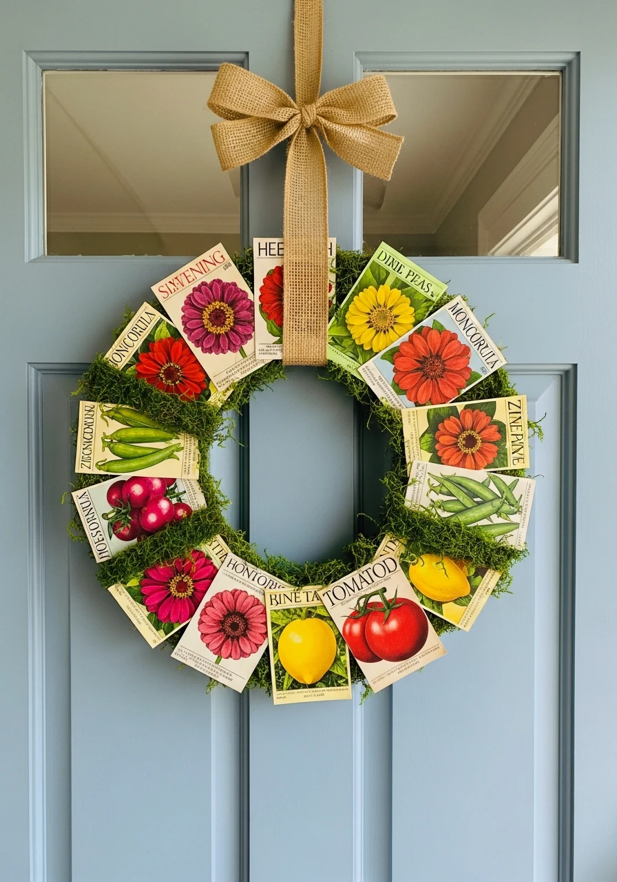 DIY Seed Packet Wreath - 50 Spring Front Door Decor Ideas