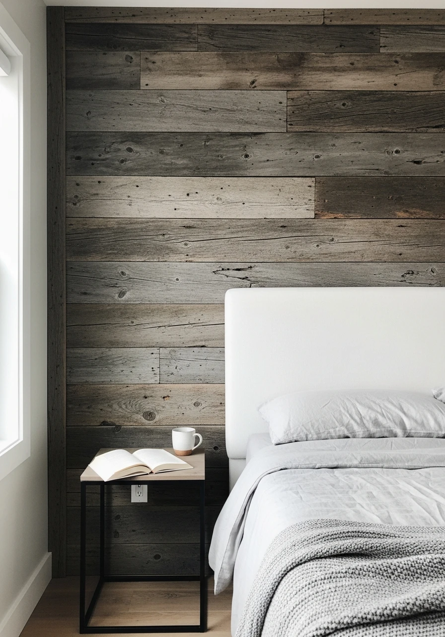 Reclaimed Wood Accent Wall - 50 Modern Farmhouse Bedroom Ideas