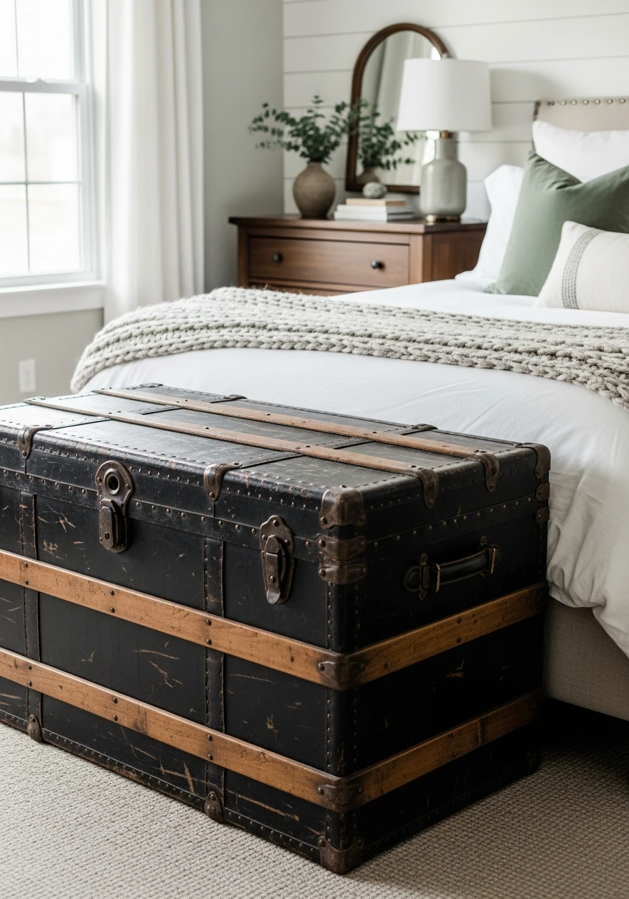 Vintage Trunk Storage - 50 Modern Farmhouse Bedroom Ideas