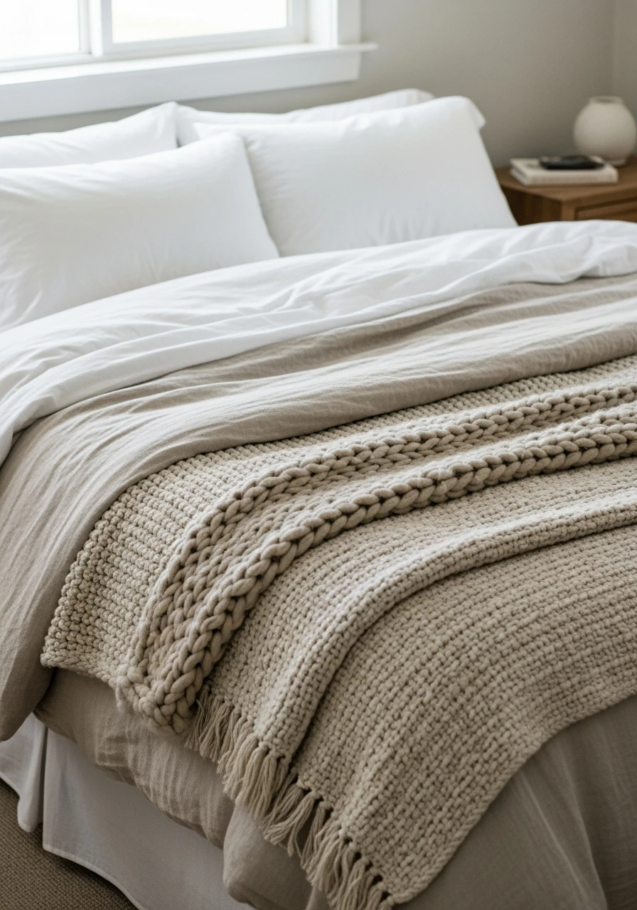 Layered Neutral Bedding - 50 Modern Farmhouse Bedroom Ideas