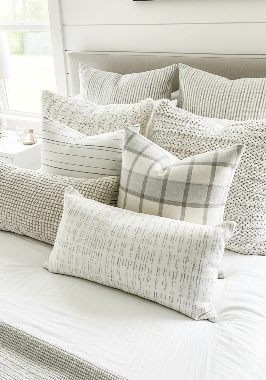 Mixed Texture Pillows - 50 Modern Farmhouse Bedroom Ideas