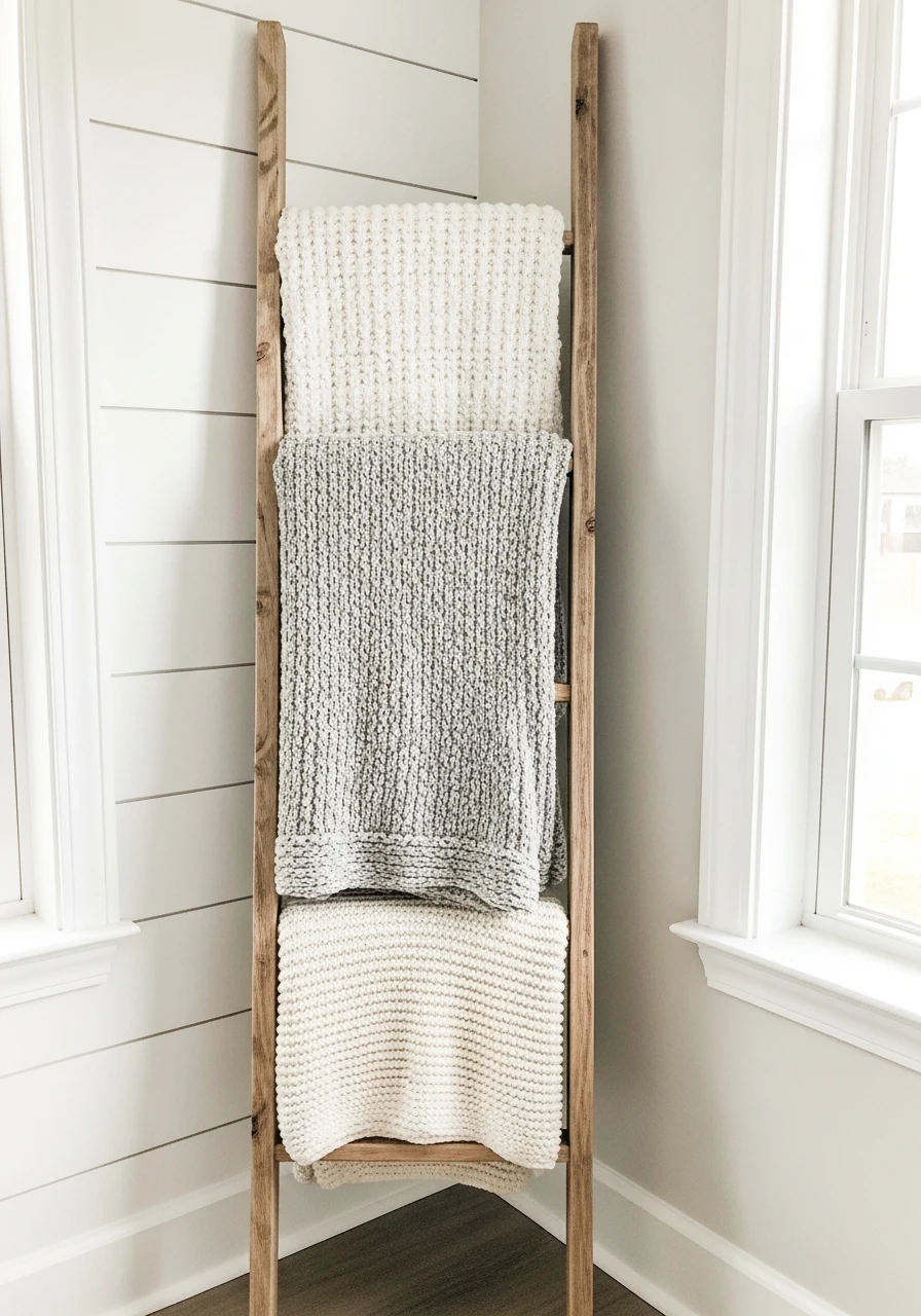 Wooden Blanket Ladder - 50 Modern Farmhouse Bedroom Ideas