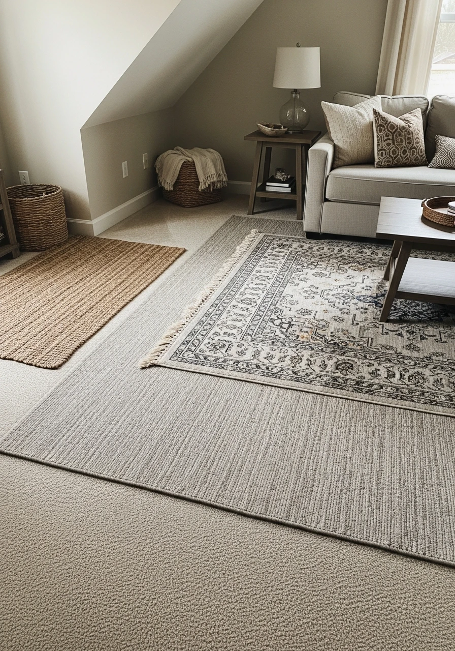 Layered Rugs Define Zone - Attic Living Room Ideas
