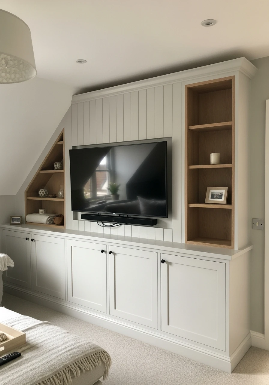 Streamlined Media Wall - Attic Living Room Ideas