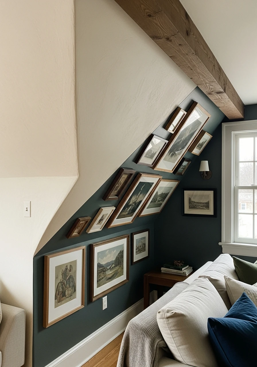 Angled Gallery Wall - Attic Living Room Ideas