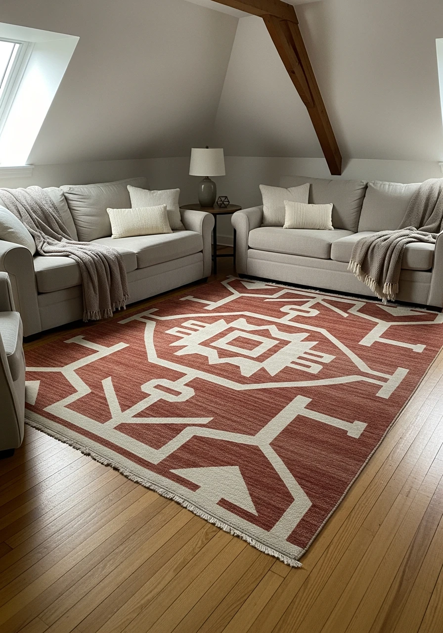 Bold Area Rug Anchor - Attic Living Room Ideas