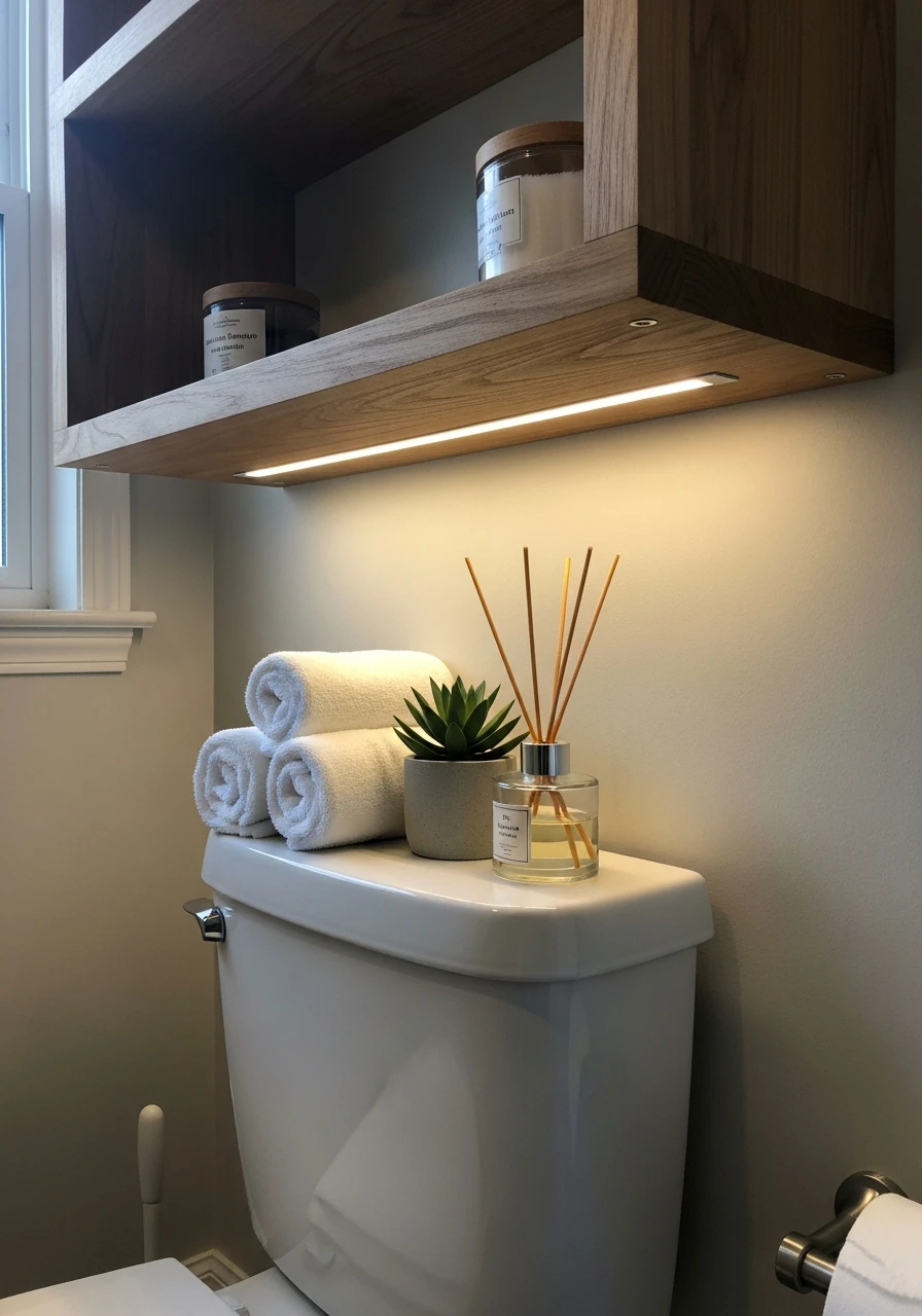 Shelf With Hidden Lighting - 50 Smart Back of Toilet Decor Ideas That Look High-End