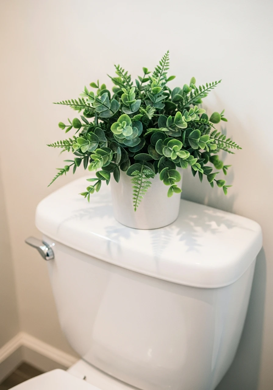 Faux Greenery For Light - 50 Smart Back of Toilet Decor Ideas That Look High-End