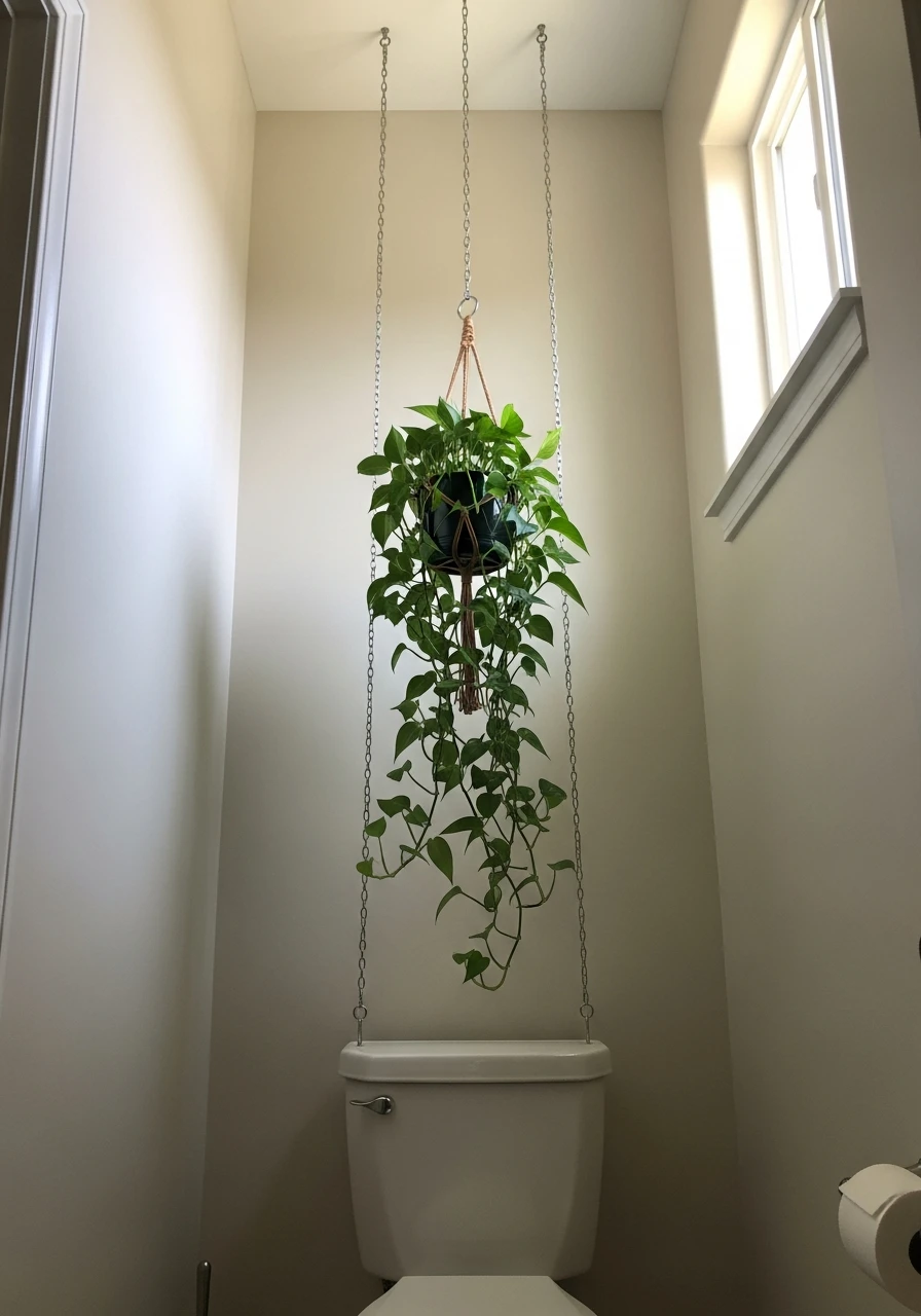 Hanging Plant Draw Eye Up - 50 Smart Back of Toilet Decor Ideas That Look High-End