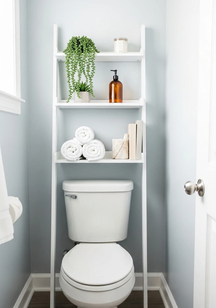 Leaning Ladder Shelf - 50 Smart Back of Toilet Decor Ideas That Look High-End