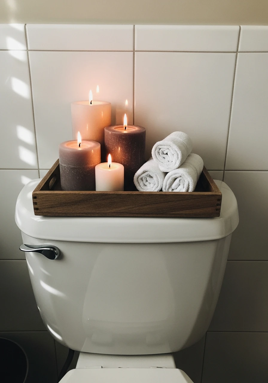 Scented Candle Display - 50 Smart Back of Toilet Decor Ideas That Look High-End