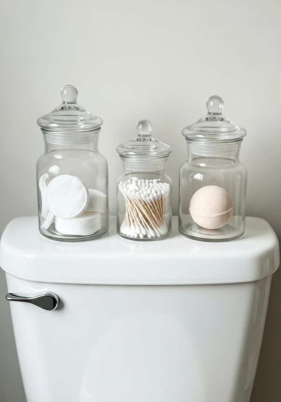 Glass Jars For Essentials - 50 Smart Back of Toilet Decor Ideas That Look High-End