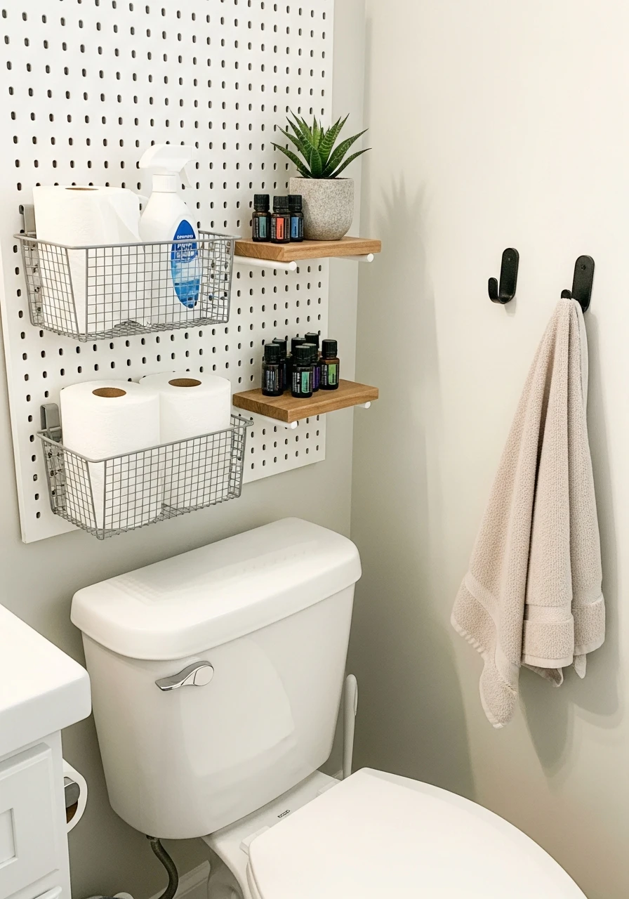 Pegboard Storage Wall - 50 Smart Back of Toilet Decor Ideas That Look High-End