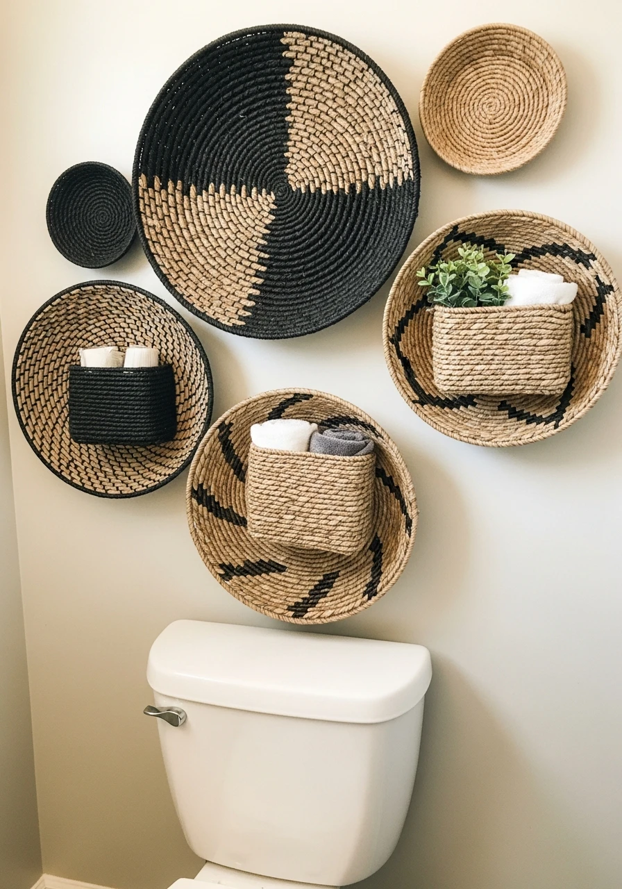 Woven Wall Baskets - 50 Smart Back of Toilet Decor Ideas That Look High-End