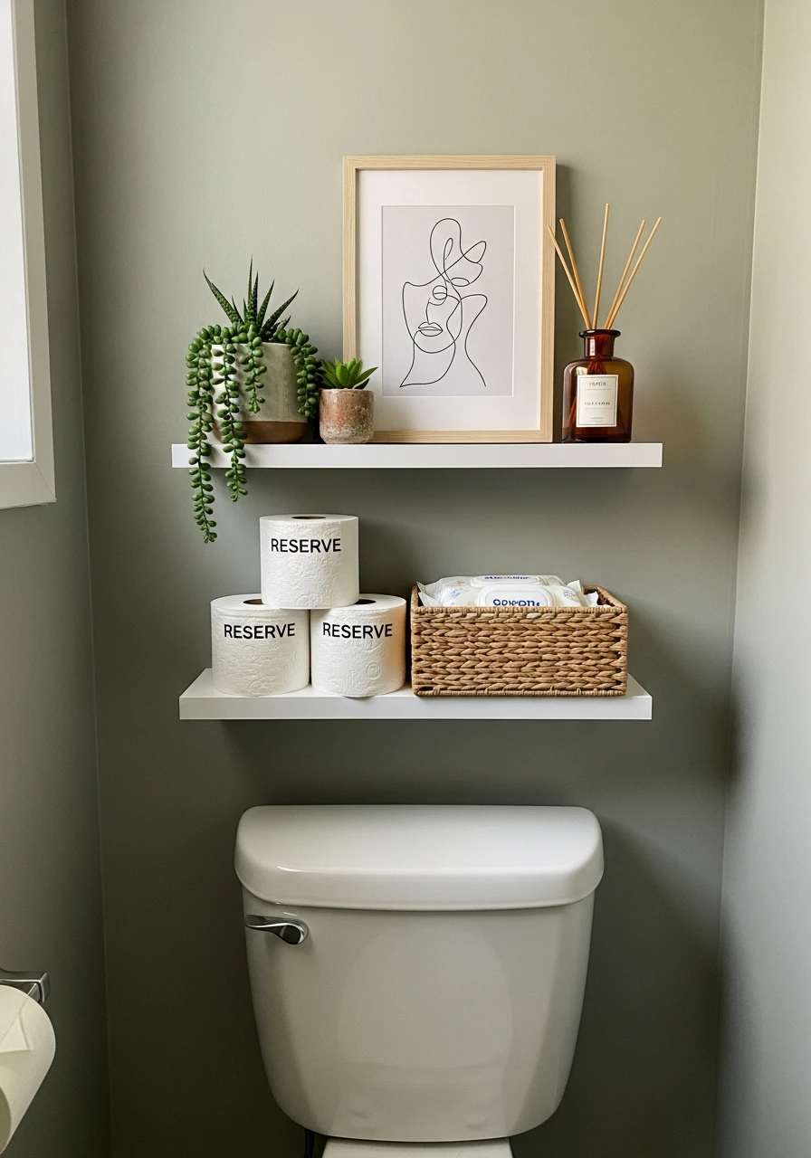 Stacked Two-Tier Shelves - 50 Smart Back of Toilet Decor Ideas That Look High-End