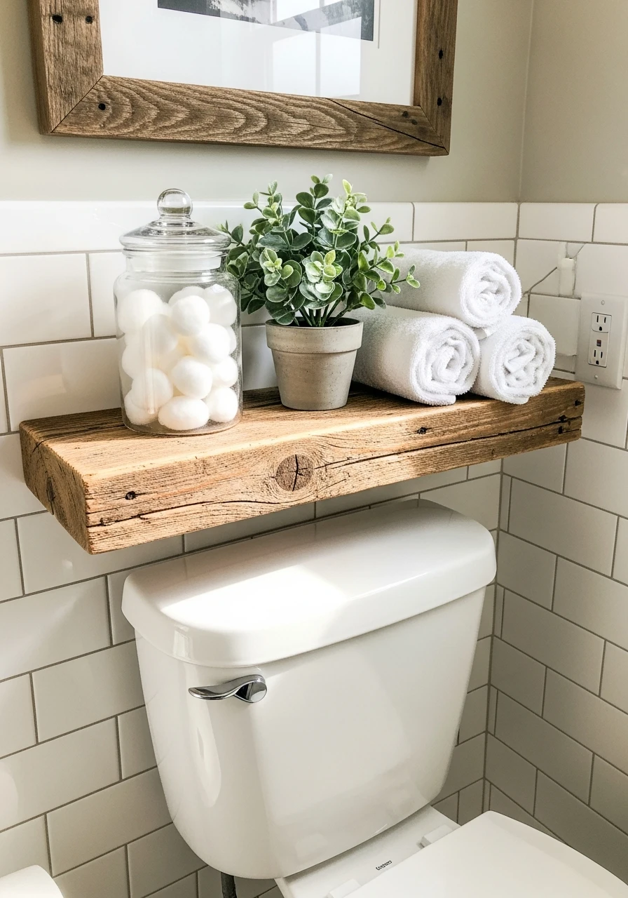 Rustic Farmhouse Shelves - 50 Smart Back of Toilet Decor Ideas That Look High-End