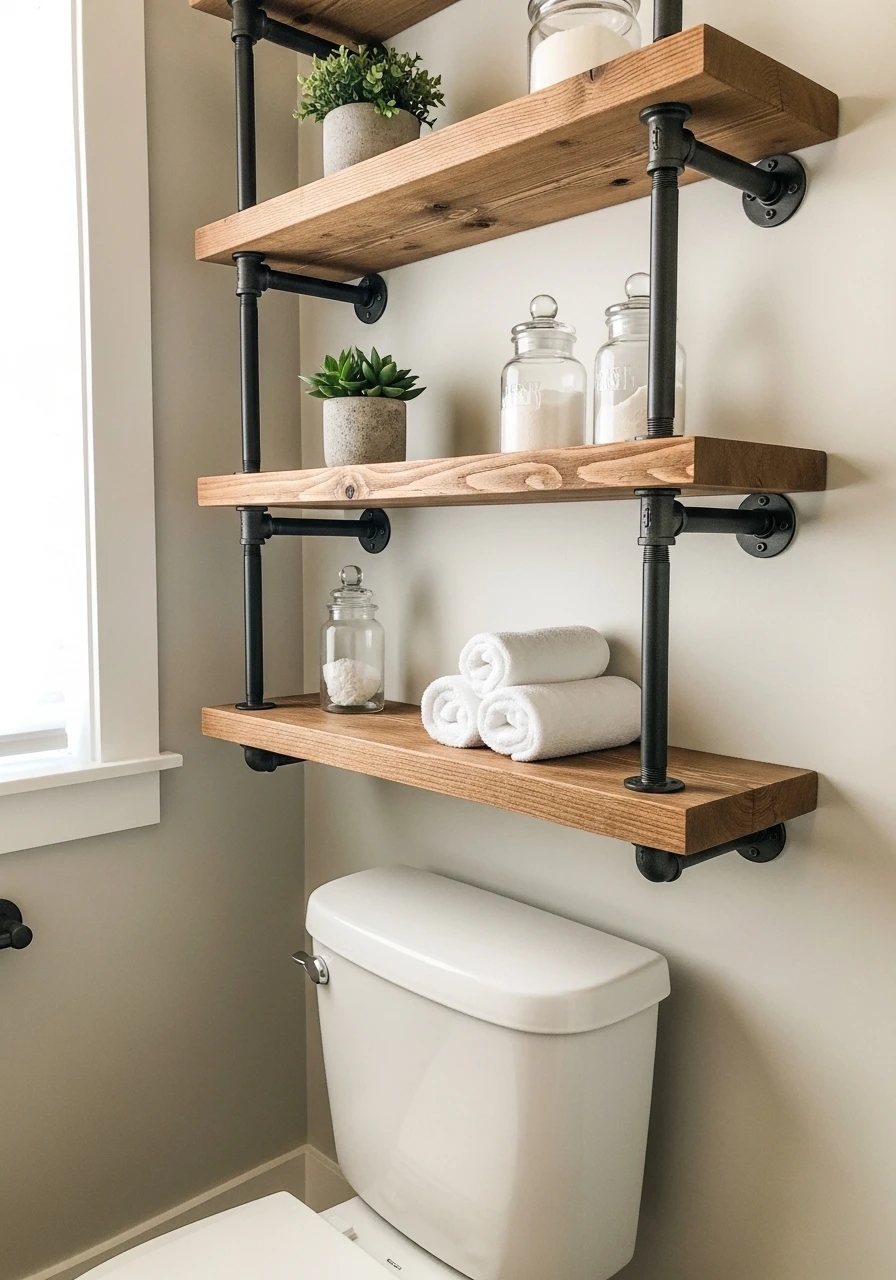 Industrial Metal Wood Shelf - 50 Smart Back of Toilet Decor Ideas That Look High-End