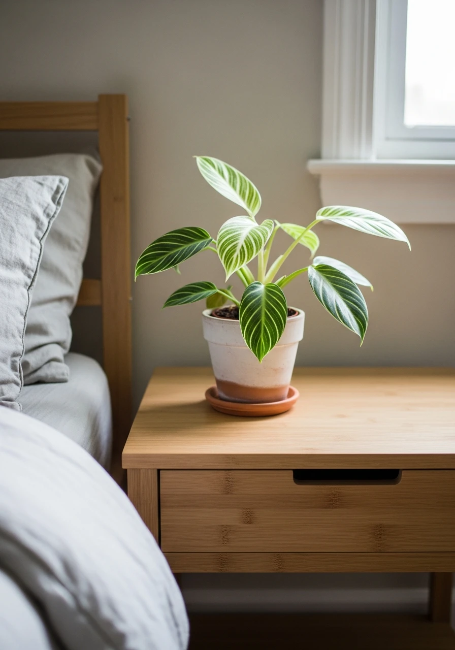 Striped Birkin Accent - 50 Stunning Bedroom Plants Decor Ideas for a Calm Space