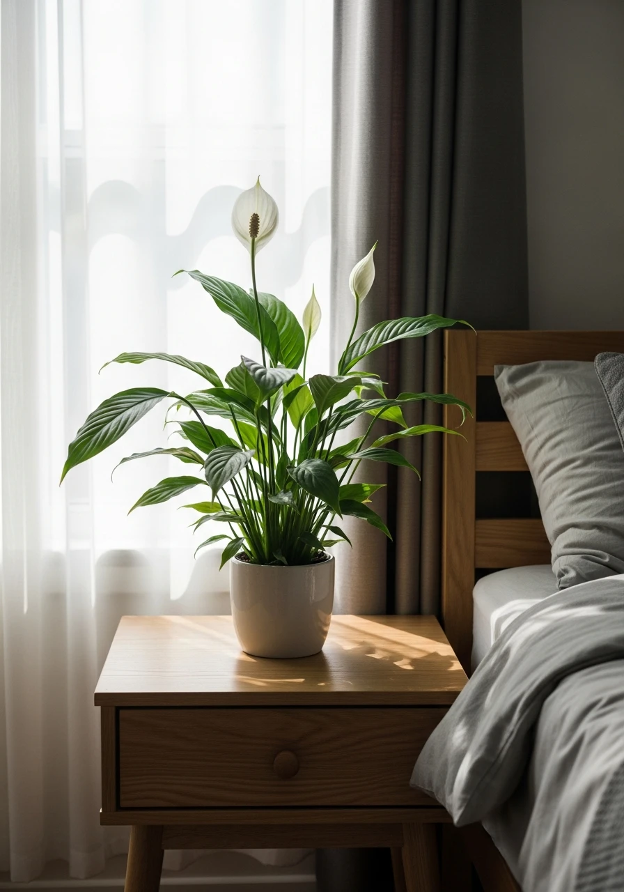 Peace Lily Nightstand Greenery - 50 Stunning Bedroom Plants Decor Ideas for a Calm Space