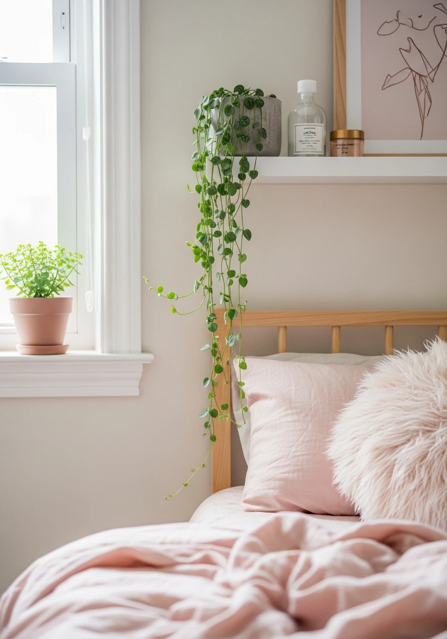 Soft String of Hearts - 50 Stunning Bedroom Plants Decor Ideas for a Calm Space