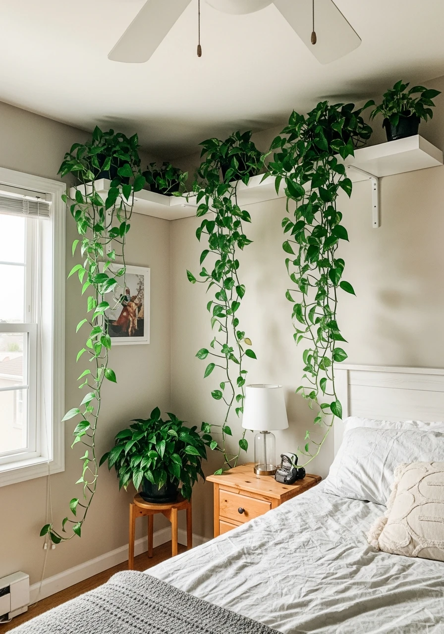Trailing Pothos On Shelves - 50 Stunning Bedroom Plants Decor Ideas for a Calm Space