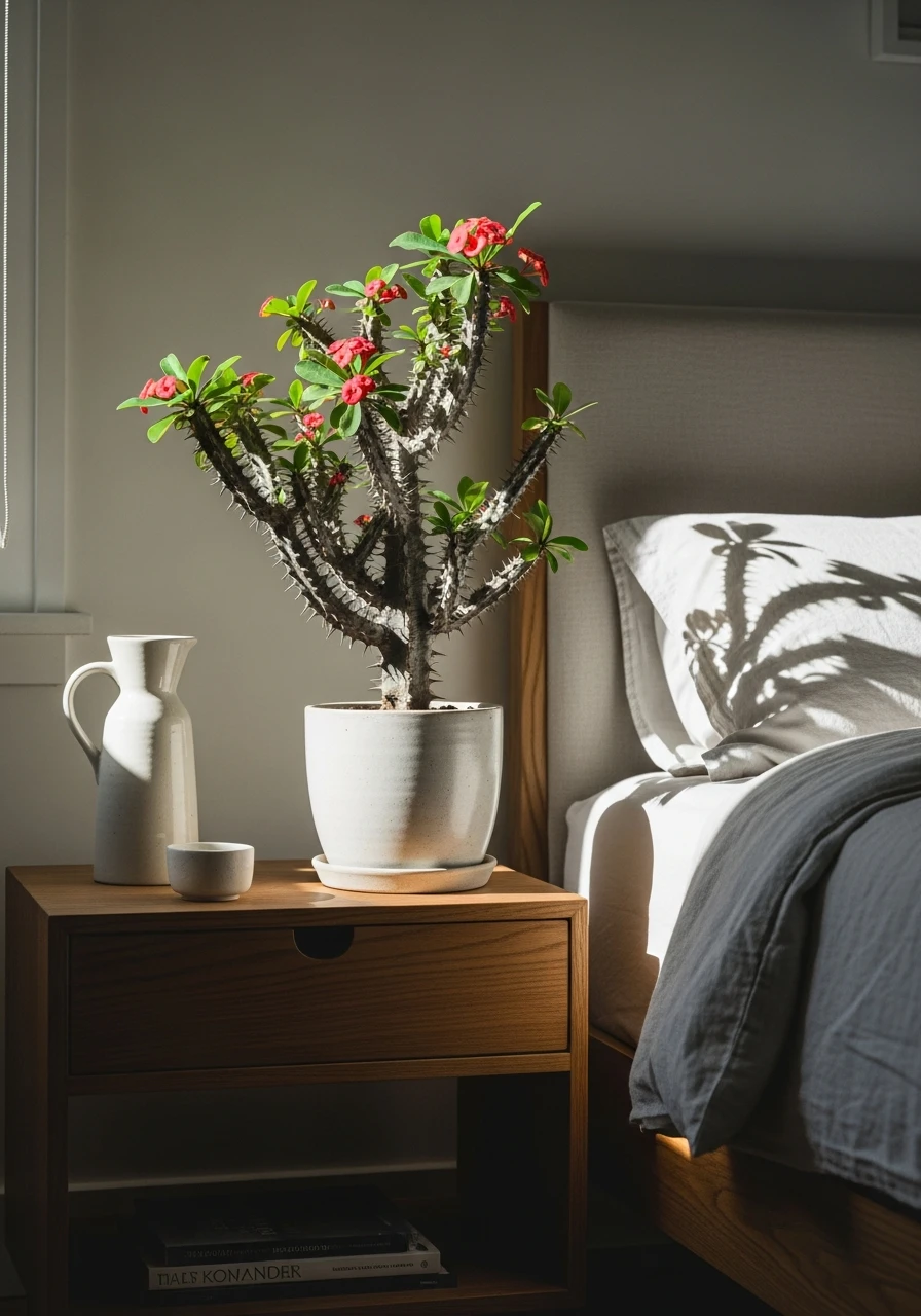 Sculptural Crown of Thorns - 50 Stunning Bedroom Plants Decor Ideas for a Calm Space