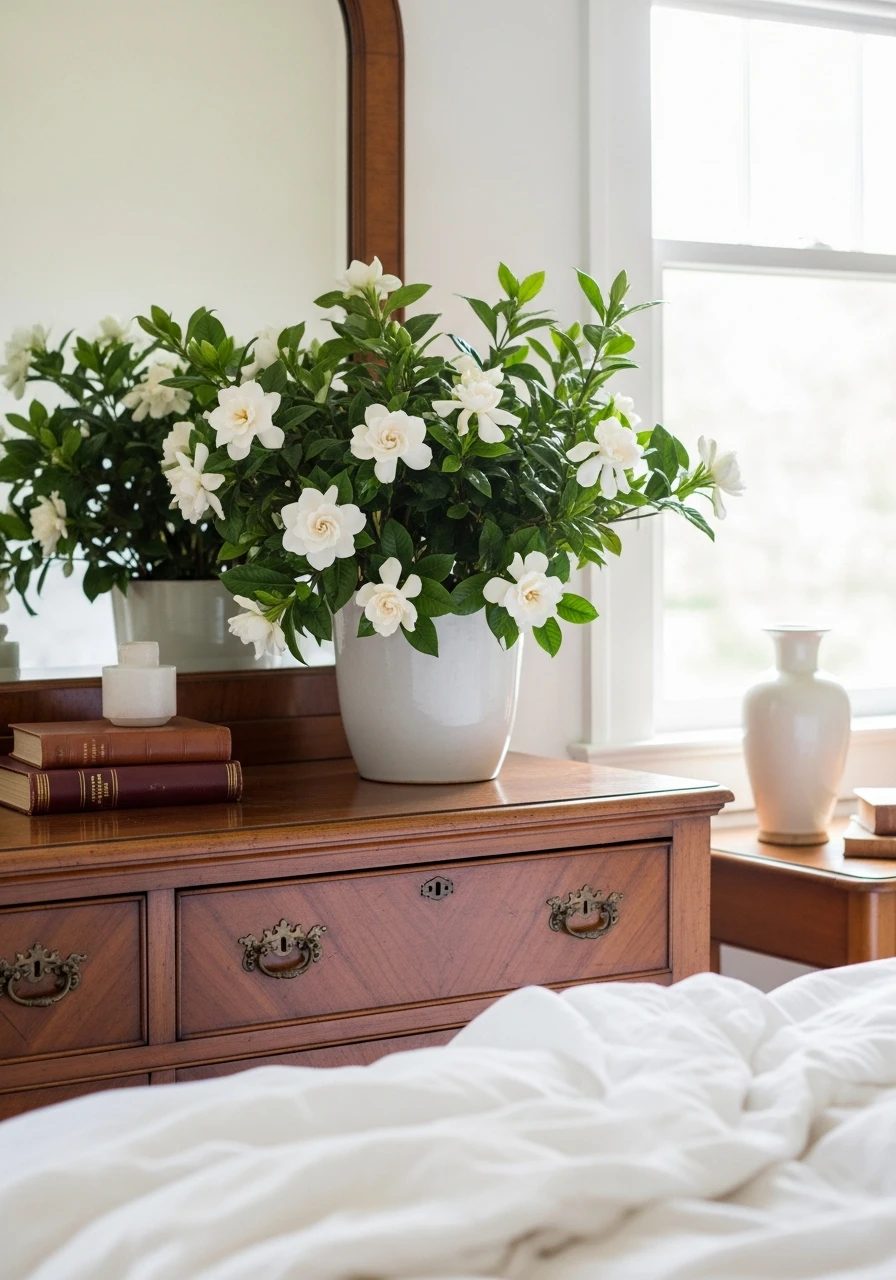 Classic Gardenia Elegance - 50 Stunning Bedroom Plants Decor Ideas for a Calm Space