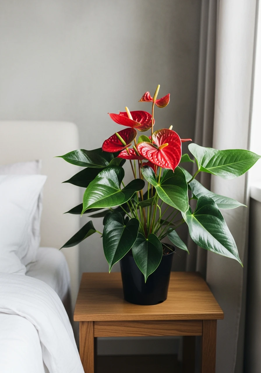 Glossy Flamingo Flower - 50 Stunning Bedroom Plants Decor Ideas for a Calm Space