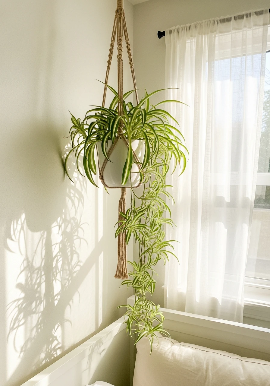 Hanging Spider Plant Accent - 50 Stunning Bedroom Plants Decor Ideas for a Calm Space