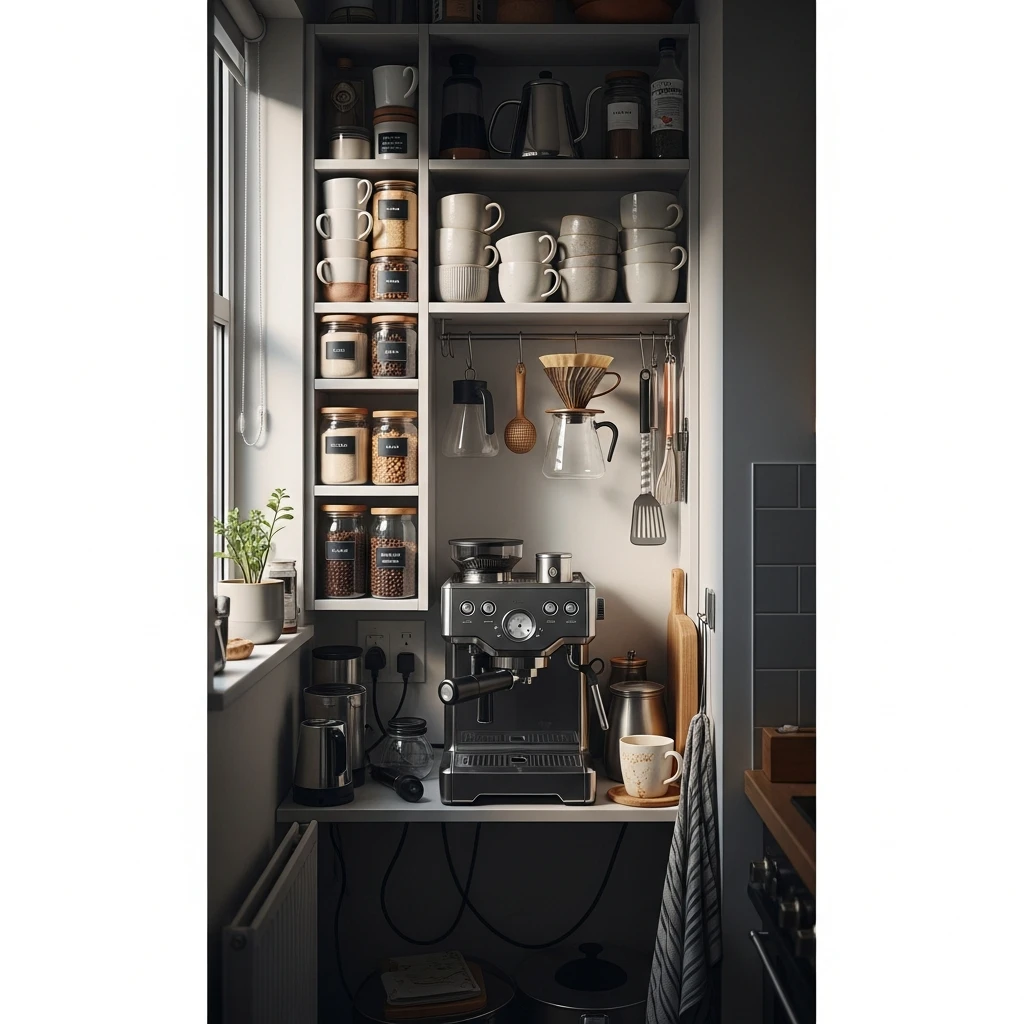 Small-Space Vertical Bar - 50 Coffee Bar Ideas for a Custom Kitchen Look