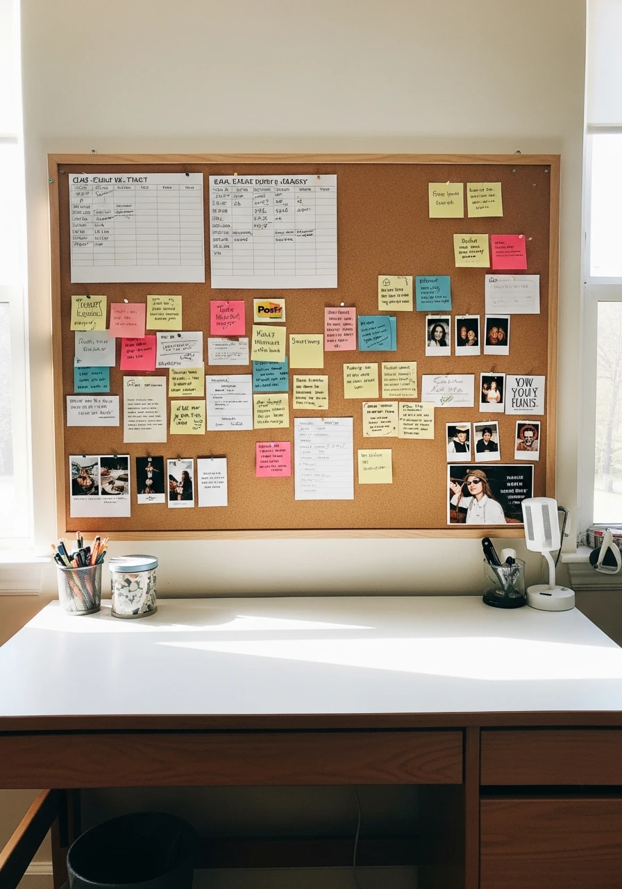 Corkboard Study Wall - 50 Genius College Dorm Desk Ideas To Maximize Space
