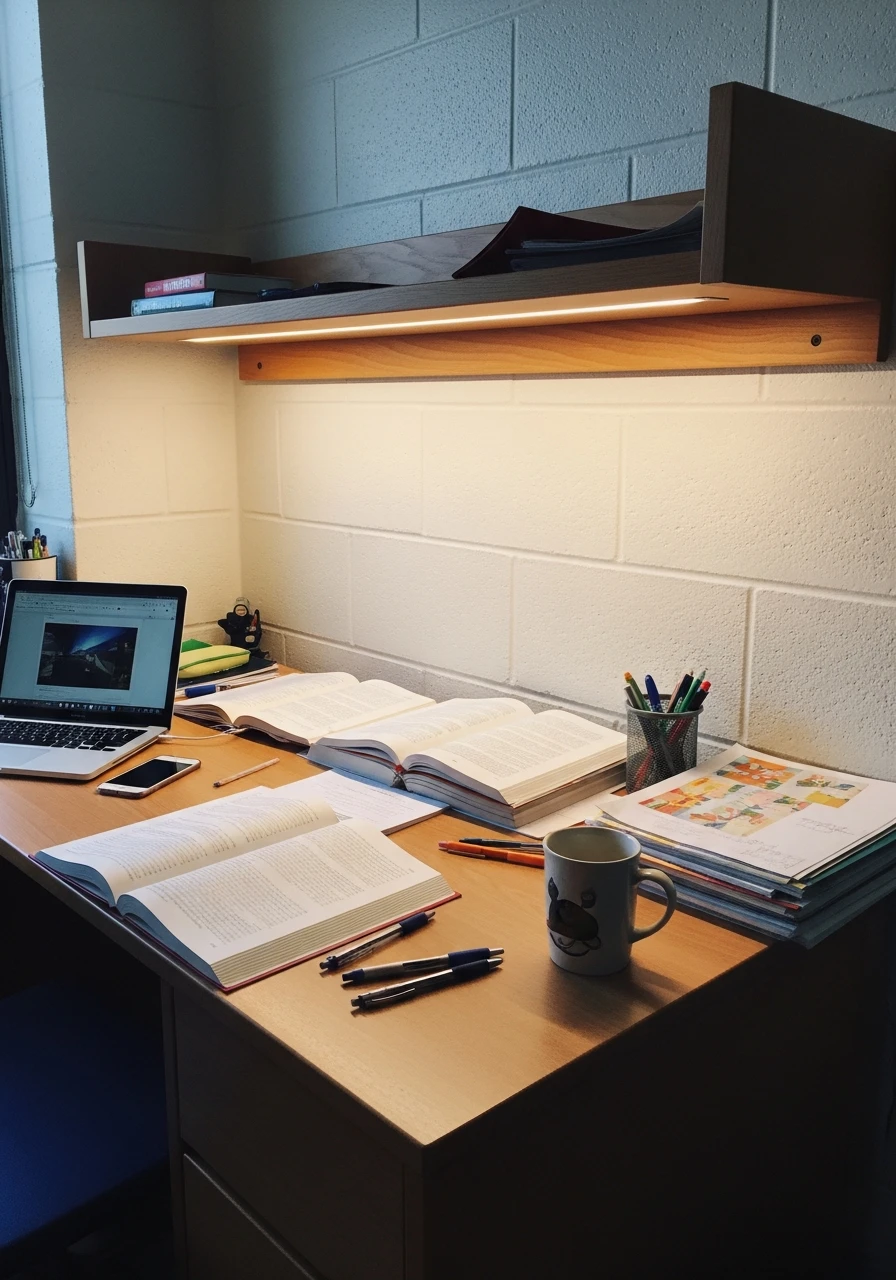 Shelf With Built-In Light - 50 Genius College Dorm Desk Ideas To Maximize Space