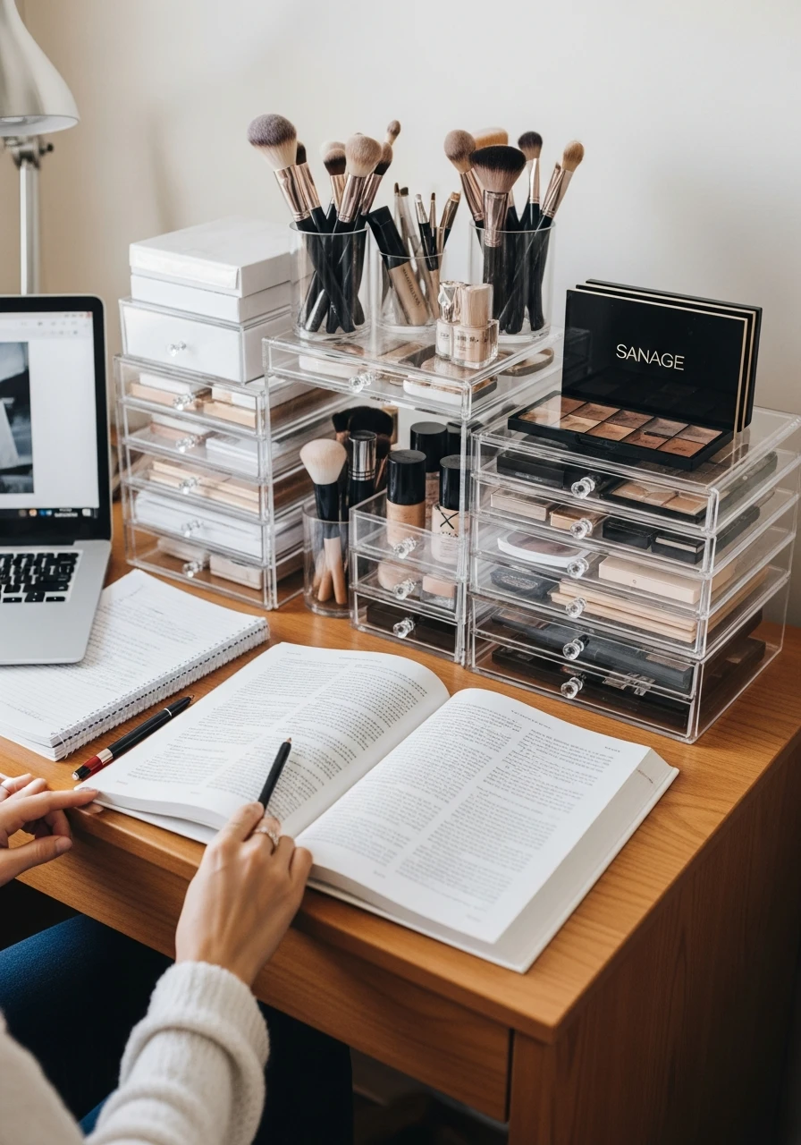 Makeup And Study Combo - 50 Genius College Dorm Desk Ideas To Maximize Space