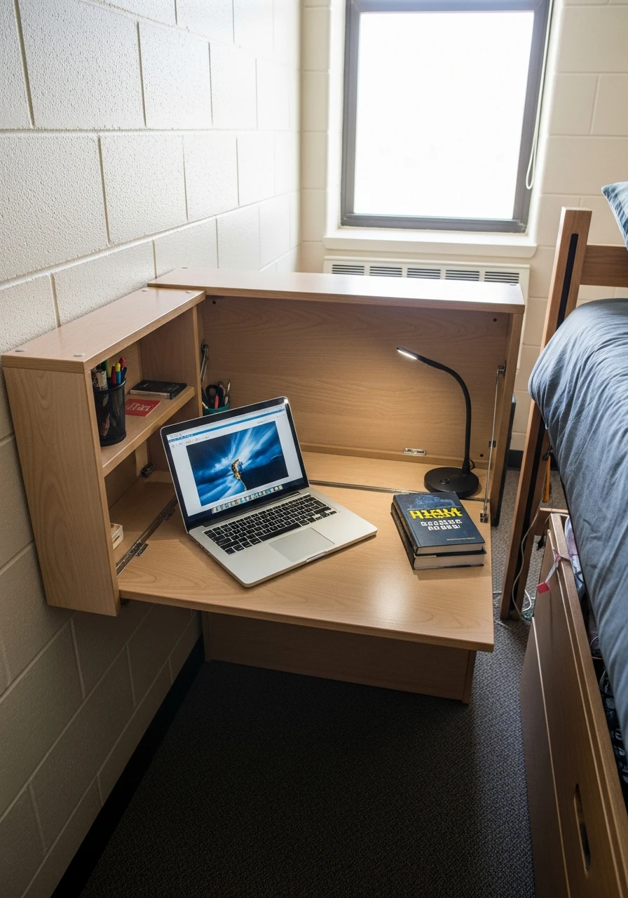 Fold-Down Wall Desk - 50 Genius College Dorm Desk Ideas To Maximize Space