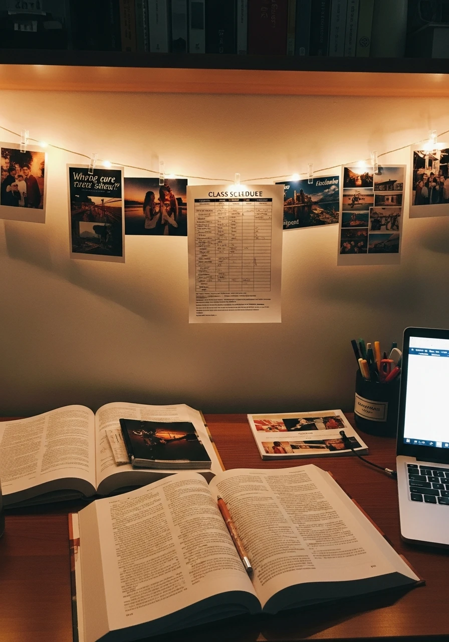String Lights Photo Display - 50 Genius College Dorm Desk Ideas To Maximize Space