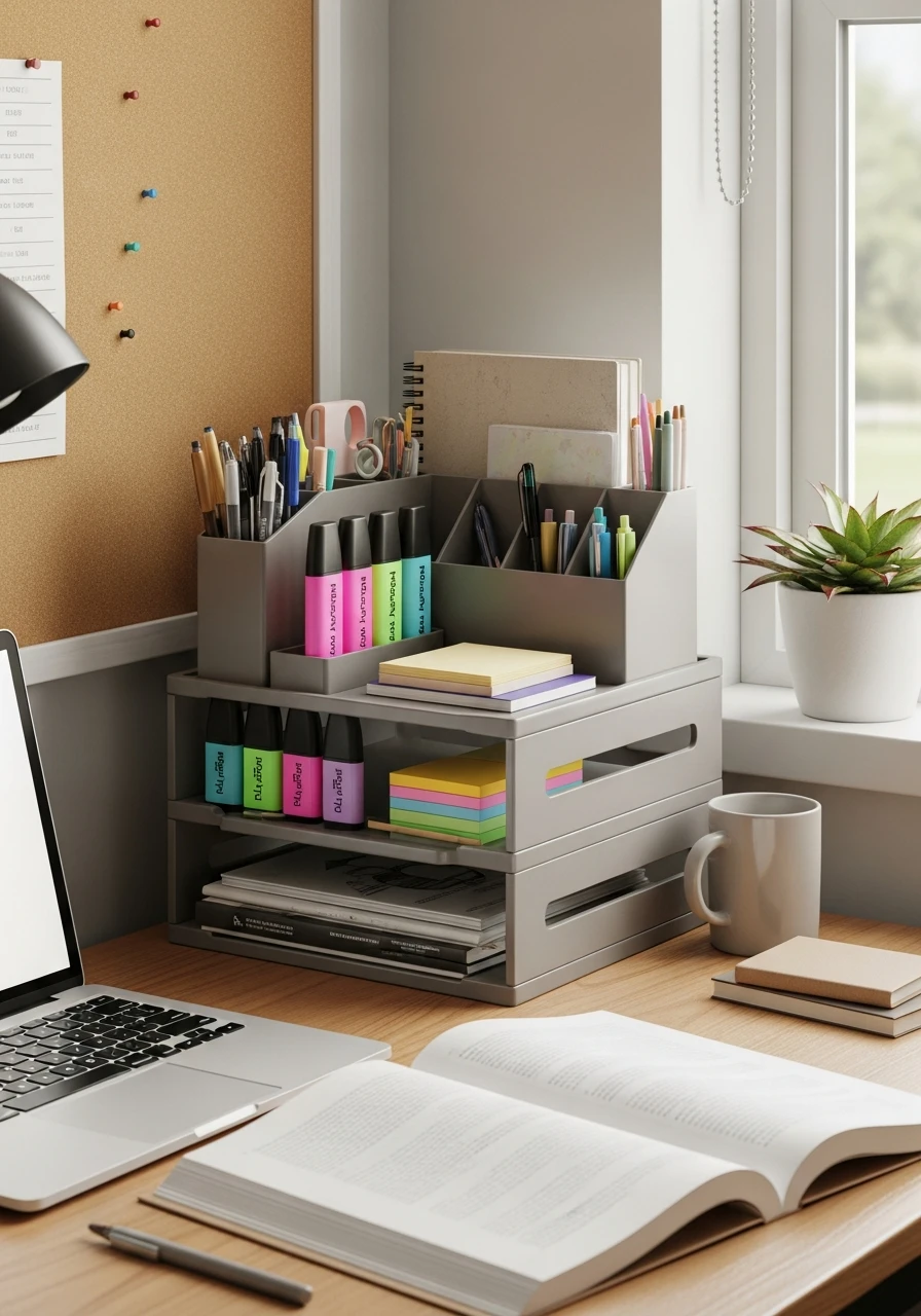 Multi-Level Desktop Organizer - 50 Genius College Dorm Desk Ideas To Maximize Space