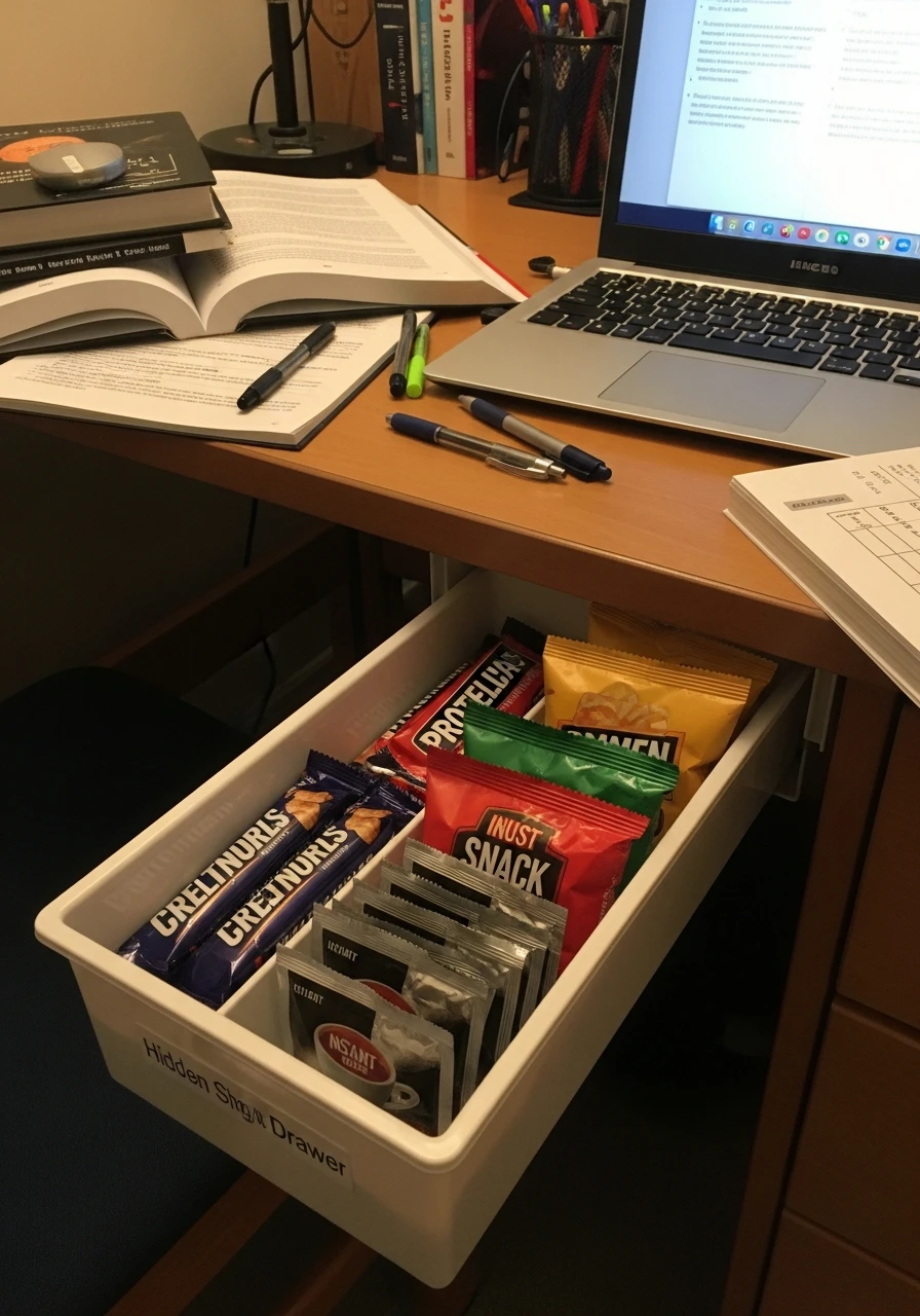 Hidden Snack Drawer - 50 Genius College Dorm Desk Ideas To Maximize Space