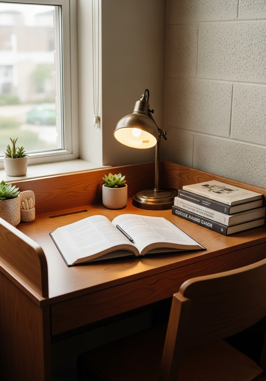 Wood Desk And Soft Light - 50 Genius College Dorm Desk Ideas To Maximize Space