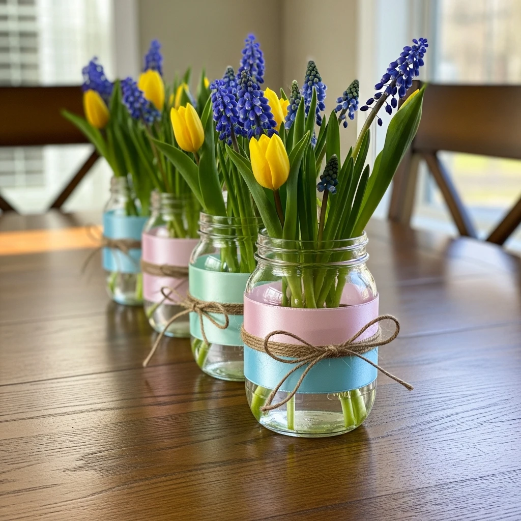 Jars Wrapped In Ribbon - 50 Easy DIY Easter Centerpieces for a High-End Table Look