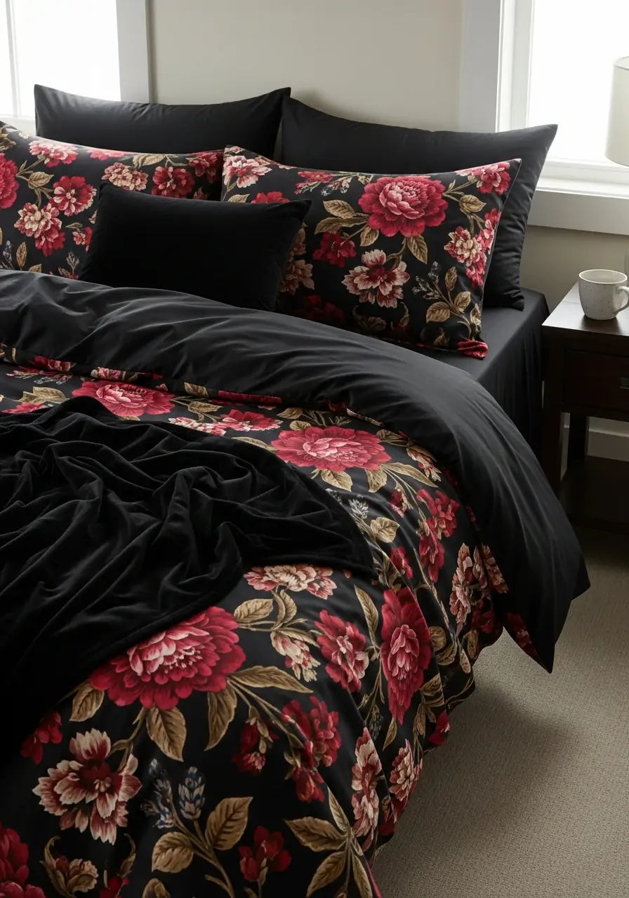 Dark Floral Print Bedding - Dark Feminine Bedroom Ideas