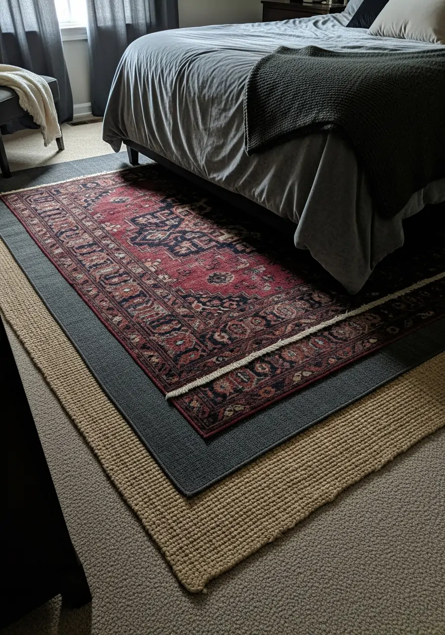 Layered Dark Area Rugs - Dark Feminine Bedroom Ideas