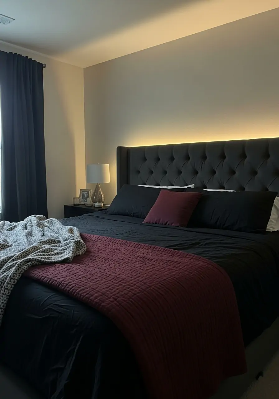 Backlit Headboard Feature - Dark Feminine Bedroom Ideas