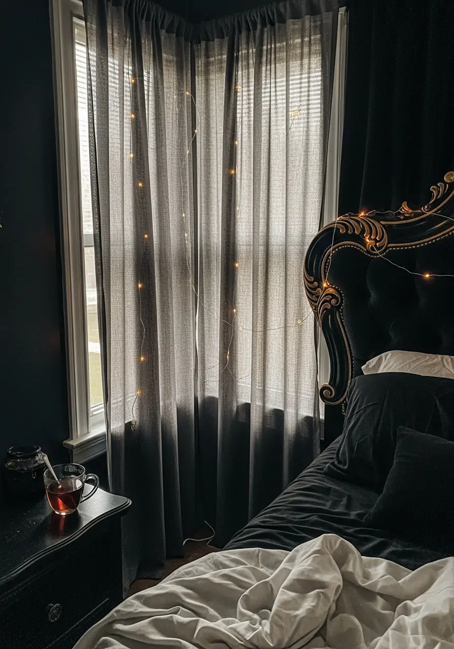 Subtle String Light Accents - Dark Feminine Bedroom Ideas