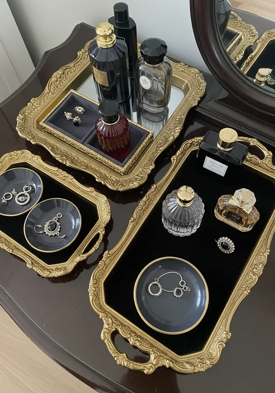 Jewelry Trays and Perfume - Dark Feminine Bedroom Ideas