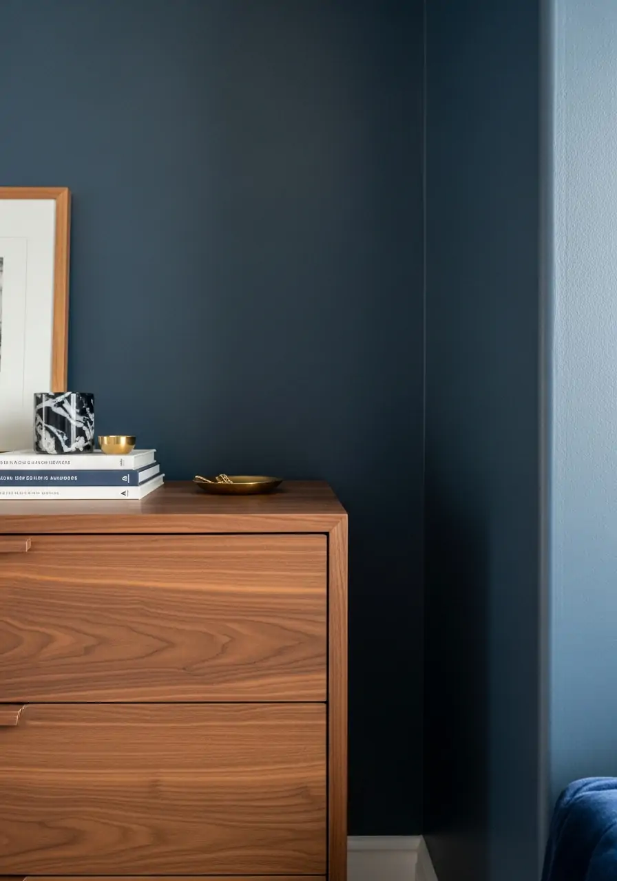 Navy Blue and Warm Wood - Dark Feminine Bedroom Ideas