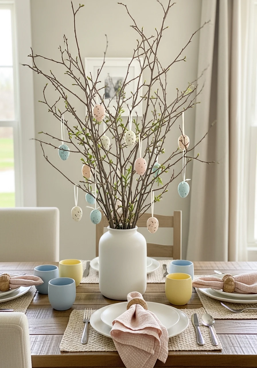 Branch & Hanging Egg Centerpiece - 50 Easter Tablescape Ideas