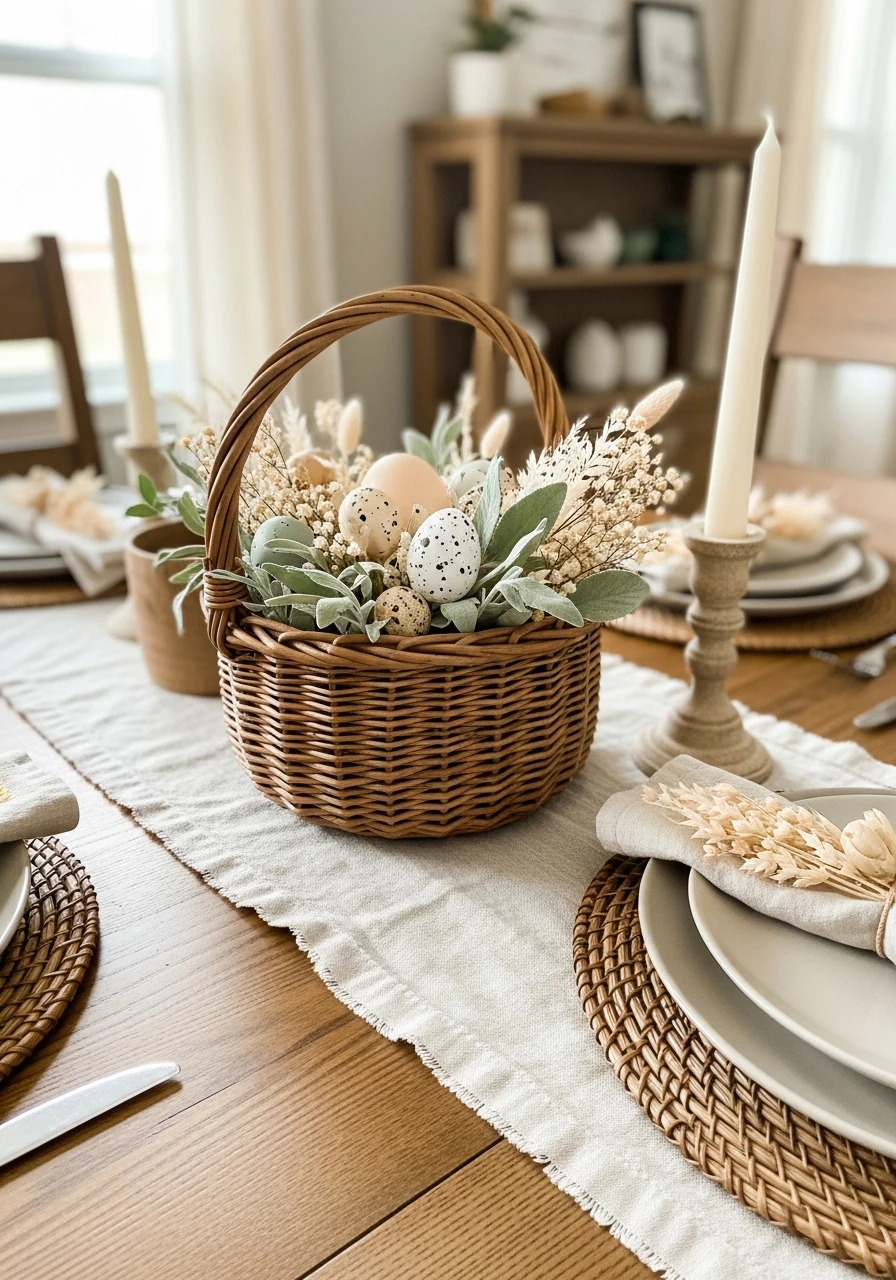 Neutral Basket Centerpiece - 50 Easter Tablescape Ideas